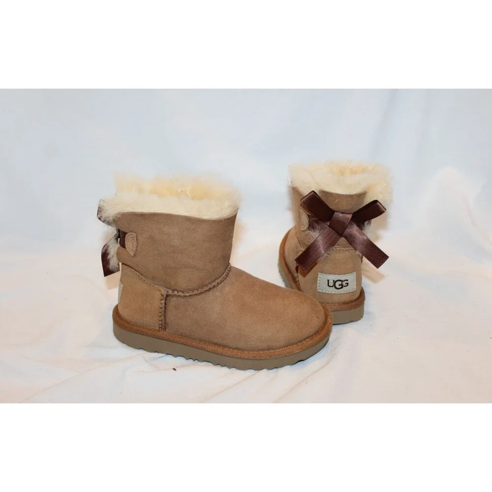 UGG TODDLER CHESTNUT SZ 11 MINI BAILEY BOW SUEDE SHEARLING LINED BOOTS‎ NEW